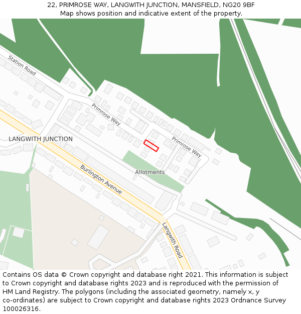 22, PRIMROSE WAY, LANGWITH JUNCTION, MANSFIELD, NG20 9BF: Location map and indicative extent of plot