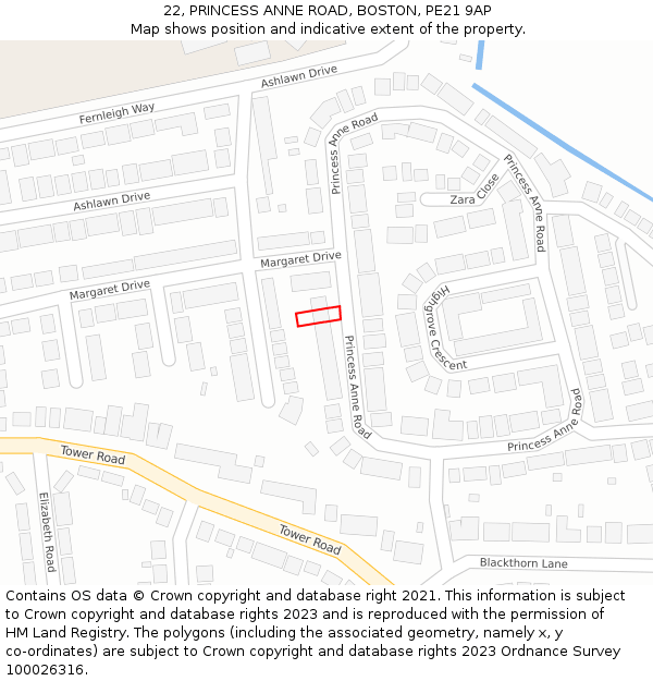 22, PRINCESS ANNE ROAD, BOSTON, PE21 9AP: Location map and indicative extent of plot