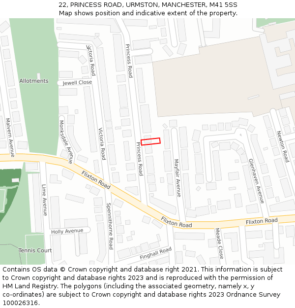22, PRINCESS ROAD, URMSTON, MANCHESTER, M41 5SS: Location map and indicative extent of plot