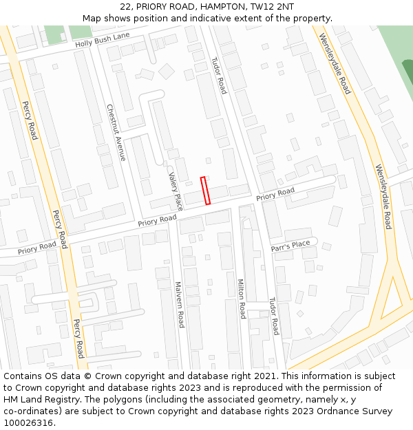 22, PRIORY ROAD, HAMPTON, TW12 2NT: Location map and indicative extent of plot