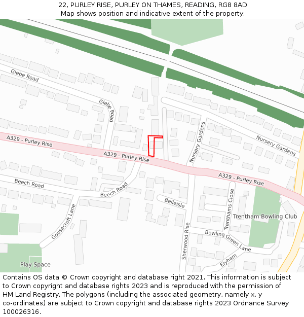 22, PURLEY RISE, PURLEY ON THAMES, READING, RG8 8AD: Location map and indicative extent of plot