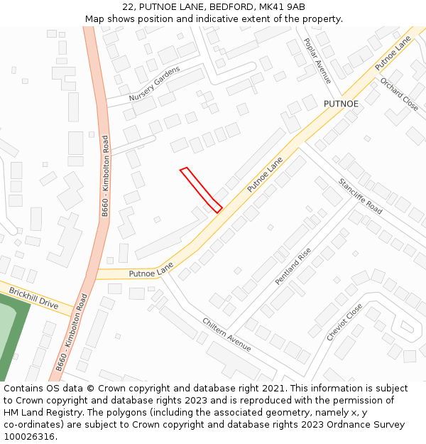 22, PUTNOE LANE, BEDFORD, MK41 9AB: Location map and indicative extent of plot