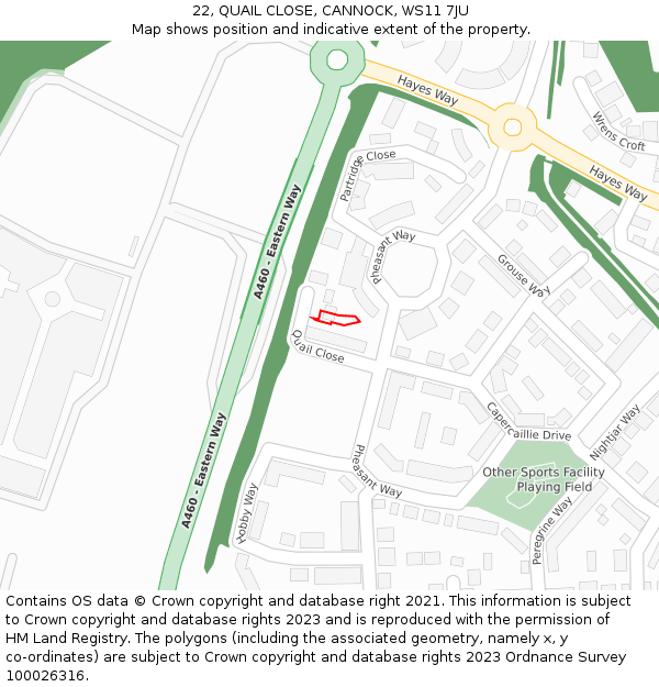 22, QUAIL CLOSE, CANNOCK, WS11 7JU: Location map and indicative extent of plot