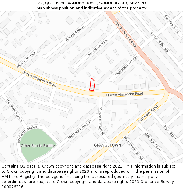 22, QUEEN ALEXANDRA ROAD, SUNDERLAND, SR2 9PD: Location map and indicative extent of plot