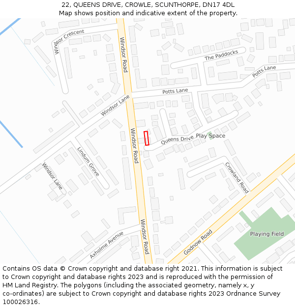22, QUEENS DRIVE, CROWLE, SCUNTHORPE, DN17 4DL: Location map and indicative extent of plot