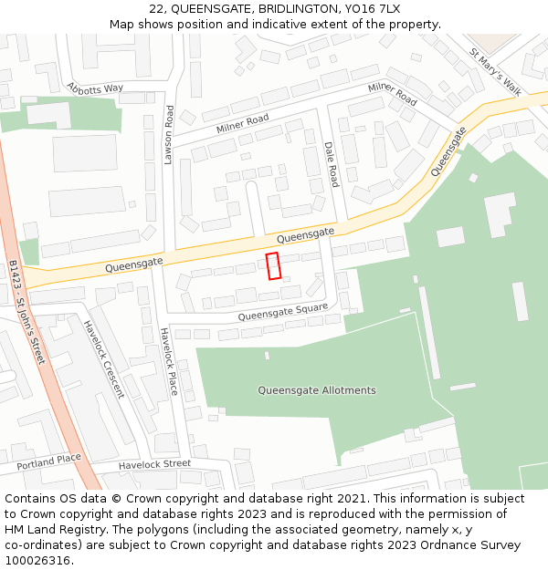 22, QUEENSGATE, BRIDLINGTON, YO16 7LX: Location map and indicative extent of plot