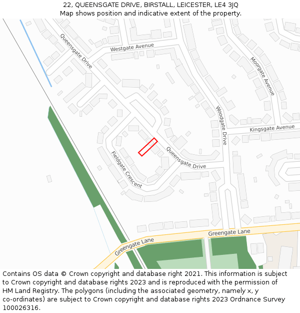 22, QUEENSGATE DRIVE, BIRSTALL, LEICESTER, LE4 3JQ: Location map and indicative extent of plot