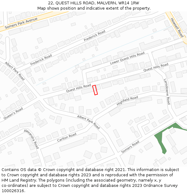 22, QUEST HILLS ROAD, MALVERN, WR14 1RW: Location map and indicative extent of plot