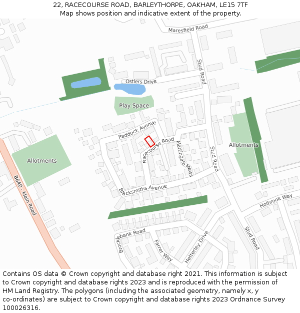 22, RACECOURSE ROAD, BARLEYTHORPE, OAKHAM, LE15 7TF: Location map and indicative extent of plot