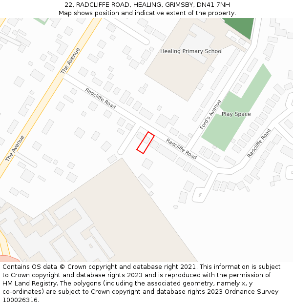 22, RADCLIFFE ROAD, HEALING, GRIMSBY, DN41 7NH: Location map and indicative extent of plot