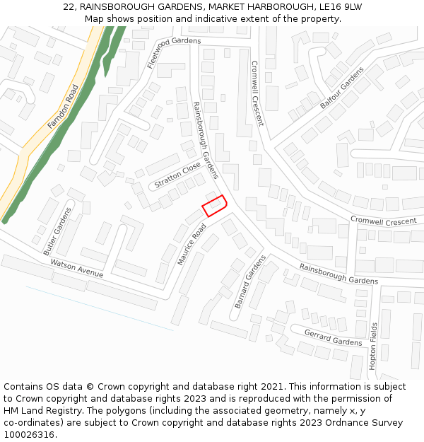 22, RAINSBOROUGH GARDENS, MARKET HARBOROUGH, LE16 9LW: Location map and indicative extent of plot