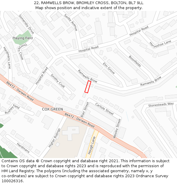 22, RAMWELLS BROW, BROMLEY CROSS, BOLTON, BL7 9LL: Location map and indicative extent of plot