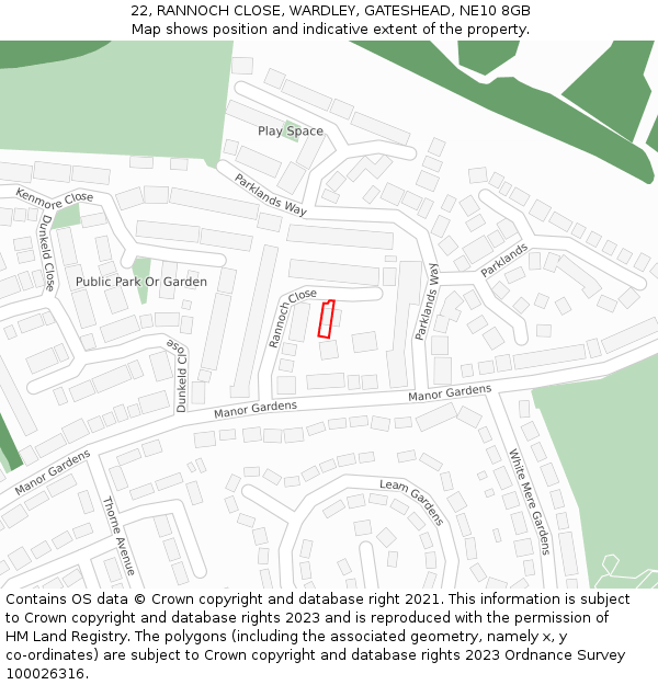 22, RANNOCH CLOSE, WARDLEY, GATESHEAD, NE10 8GB: Location map and indicative extent of plot