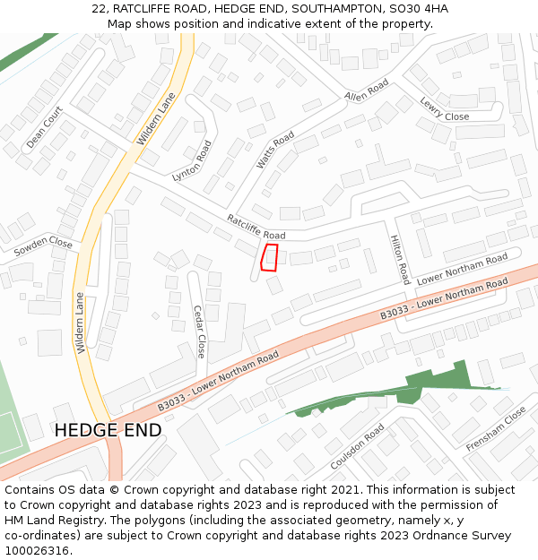 22, RATCLIFFE ROAD, HEDGE END, SOUTHAMPTON, SO30 4HA: Location map and indicative extent of plot