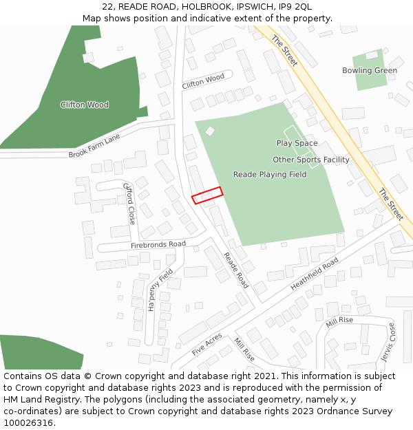 22, READE ROAD, HOLBROOK, IPSWICH, IP9 2QL: Location map and indicative extent of plot