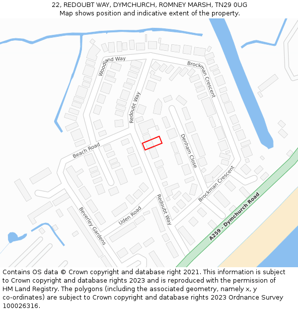 22, REDOUBT WAY, DYMCHURCH, ROMNEY MARSH, TN29 0UG: Location map and indicative extent of plot