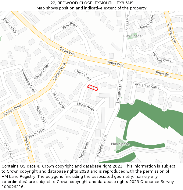 22, REDWOOD CLOSE, EXMOUTH, EX8 5NS: Location map and indicative extent of plot