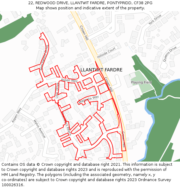 22, REDWOOD DRIVE, LLANTWIT FARDRE, PONTYPRIDD, CF38 2PG: Location map and indicative extent of plot