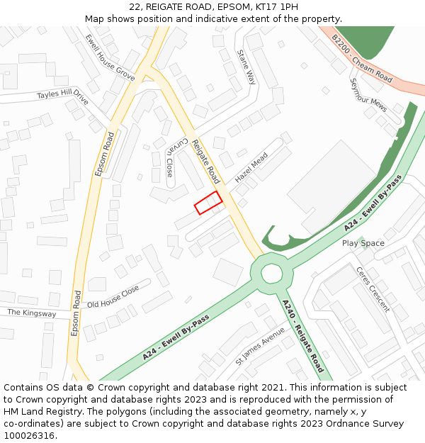 22, REIGATE ROAD, EPSOM, KT17 1PH: Location map and indicative extent of plot