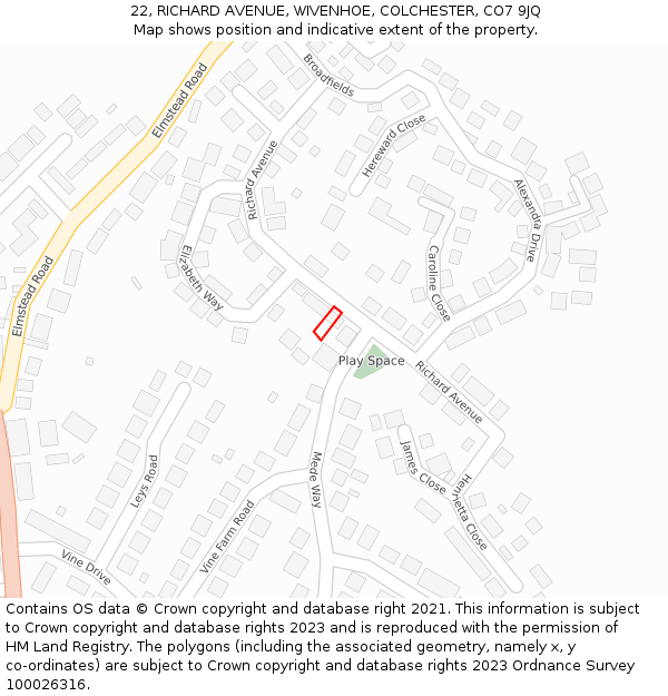 22, RICHARD AVENUE, WIVENHOE, COLCHESTER, CO7 9JQ: Location map and indicative extent of plot