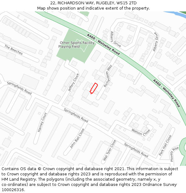 22, RICHARDSON WAY, RUGELEY, WS15 2TD: Location map and indicative extent of plot