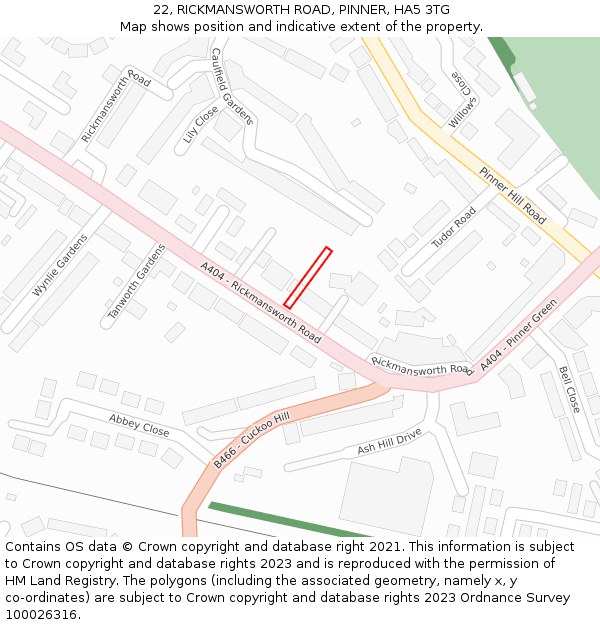 22, RICKMANSWORTH ROAD, PINNER, HA5 3TG: Location map and indicative extent of plot