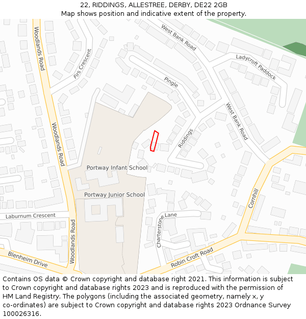22, RIDDINGS, ALLESTREE, DERBY, DE22 2GB: Location map and indicative extent of plot
