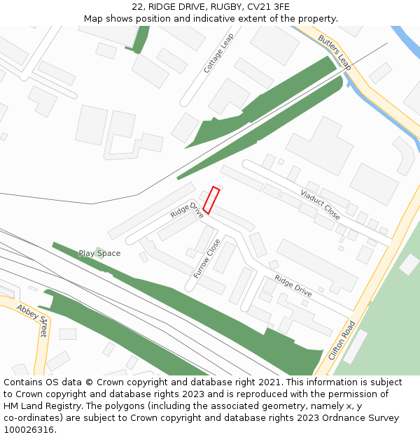 22, RIDGE DRIVE, RUGBY, CV21 3FE: Location map and indicative extent of plot