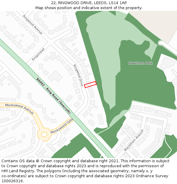 22, RINGWOOD DRIVE, LEEDS, LS14 1AP: Location map and indicative extent of plot