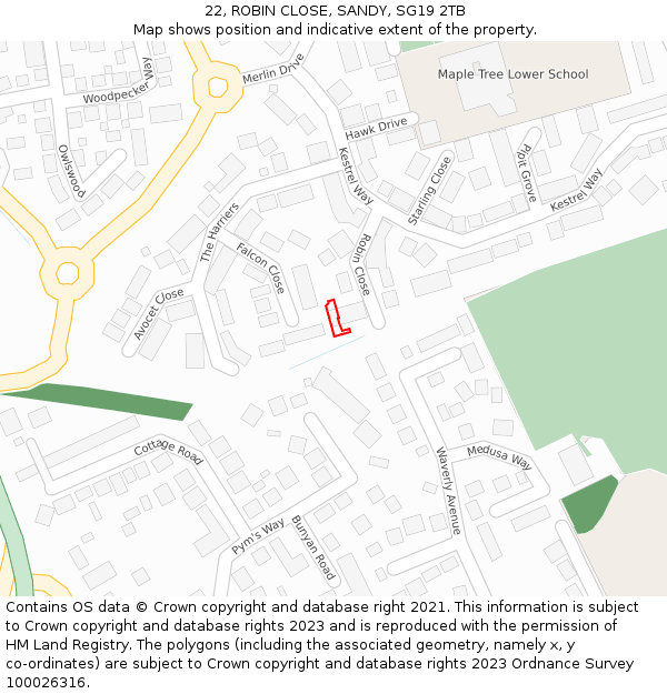 22, ROBIN CLOSE, SANDY, SG19 2TB: Location map and indicative extent of plot