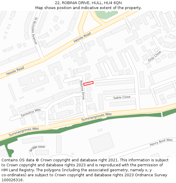 22, ROBINIA DRIVE, HULL, HU4 6QN: Location map and indicative extent of plot