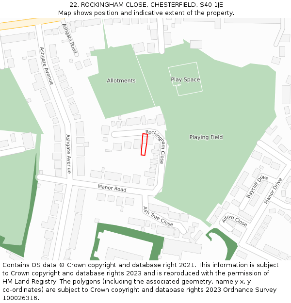 22, ROCKINGHAM CLOSE, CHESTERFIELD, S40 1JE: Location map and indicative extent of plot