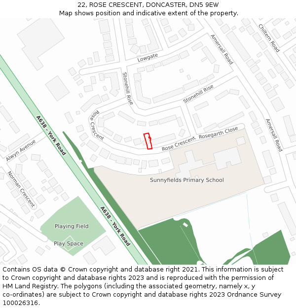 22, ROSE CRESCENT, DONCASTER, DN5 9EW: Location map and indicative extent of plot