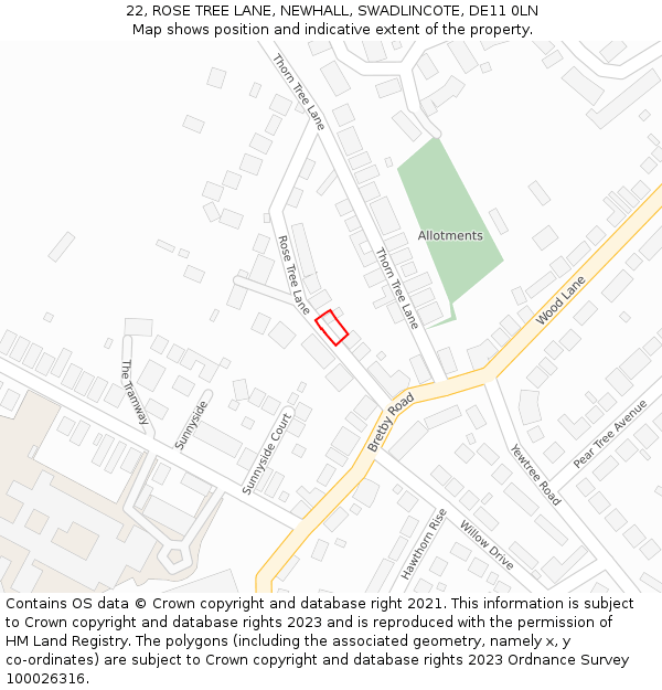 22, ROSE TREE LANE, NEWHALL, SWADLINCOTE, DE11 0LN: Location map and indicative extent of plot