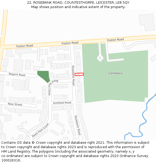 22, ROSEBANK ROAD, COUNTESTHORPE, LEICESTER, LE8 5QY: Location map and indicative extent of plot