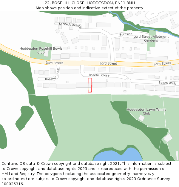 22, ROSEHILL CLOSE, HODDESDON, EN11 8NH: Location map and indicative extent of plot