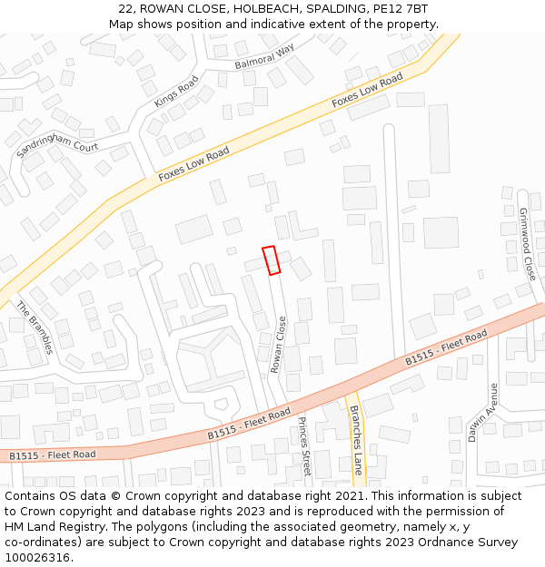 22, ROWAN CLOSE, HOLBEACH, SPALDING, PE12 7BT: Location map and indicative extent of plot