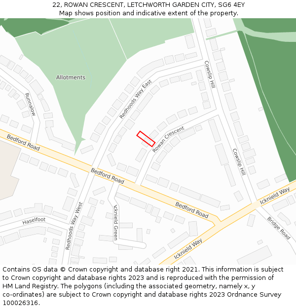 22, ROWAN CRESCENT, LETCHWORTH GARDEN CITY, SG6 4EY: Location map and indicative extent of plot