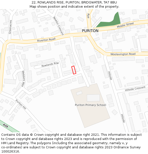 22, ROWLANDS RISE, PURITON, BRIDGWATER, TA7 8BU: Location map and indicative extent of plot