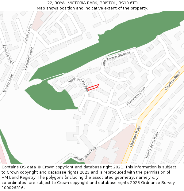 22, ROYAL VICTORIA PARK, BRISTOL, BS10 6TD: Location map and indicative extent of plot