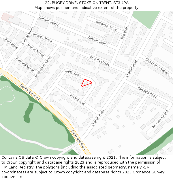 22, RUGBY DRIVE, STOKE-ON-TRENT, ST3 4PA: Location map and indicative extent of plot