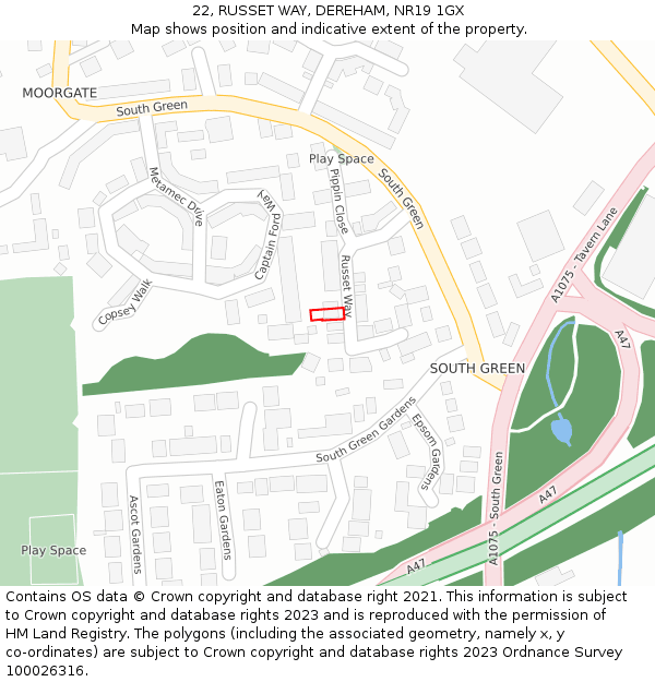 22, RUSSET WAY, DEREHAM, NR19 1GX: Location map and indicative extent of plot