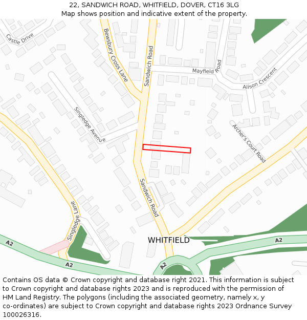 22, SANDWICH ROAD, WHITFIELD, DOVER, CT16 3LG: Location map and indicative extent of plot