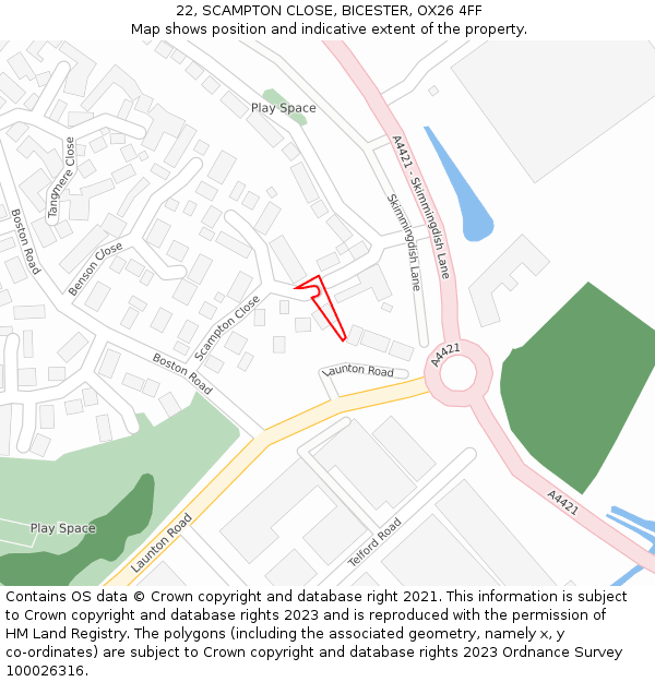 22, SCAMPTON CLOSE, BICESTER, OX26 4FF: Location map and indicative extent of plot