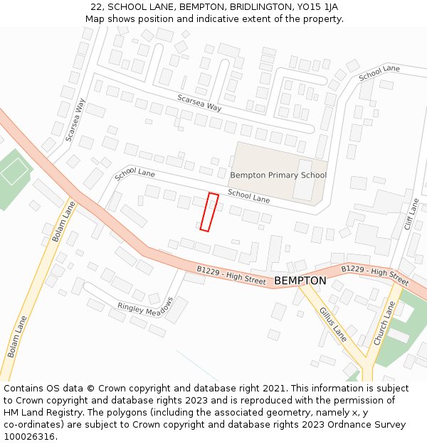 22, SCHOOL LANE, BEMPTON, BRIDLINGTON, YO15 1JA: Location map and indicative extent of plot