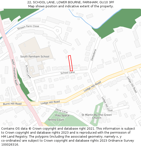 22, SCHOOL LANE, LOWER BOURNE, FARNHAM, GU10 3PF: Location map and indicative extent of plot