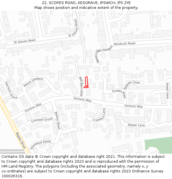 22, SCOPES ROAD, KESGRAVE, IPSWICH, IP5 2YE: Location map and indicative extent of plot