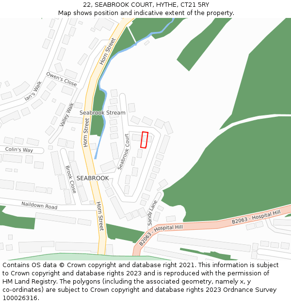 22, SEABROOK COURT, HYTHE, CT21 5RY: Location map and indicative extent of plot