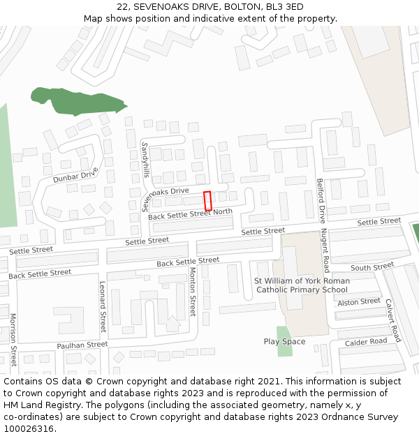 22, SEVENOAKS DRIVE, BOLTON, BL3 3ED: Location map and indicative extent of plot