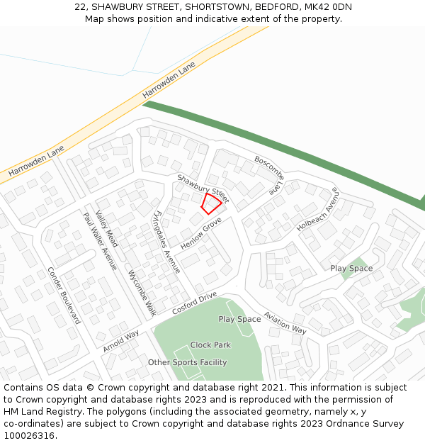 22, SHAWBURY STREET, SHORTSTOWN, BEDFORD, MK42 0DN: Location map and indicative extent of plot